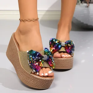 QuiteS 2026 Women's Elegant Thick-Soled Platform Sandals Large Size Casual Sticky Flower Sequined Bow for Summer