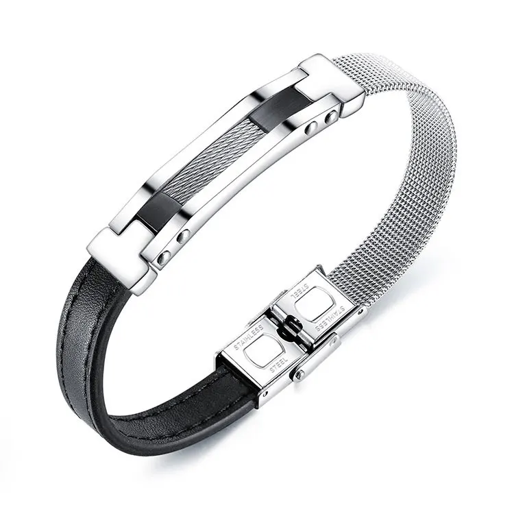 Wholesale Custom Design Good Quality Fine Jewelry Wire Stainless Steel Mesh Leather Bracelet for Men