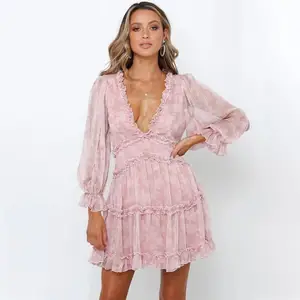 Women Boho Fashion Summer A-line V-neck Long Sleeves Casual Dress Floral Mini Bohemian Sexy Dress Ladies