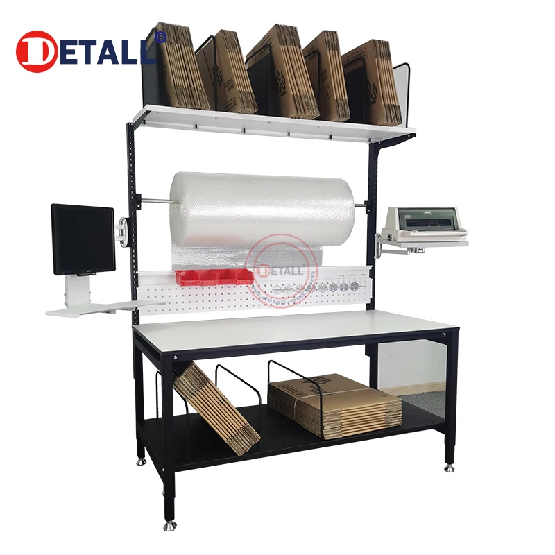 390USD Parcel Packing Table Functional Packaging Bubble Wrap Cutter Work Bench with Cartons Shelf