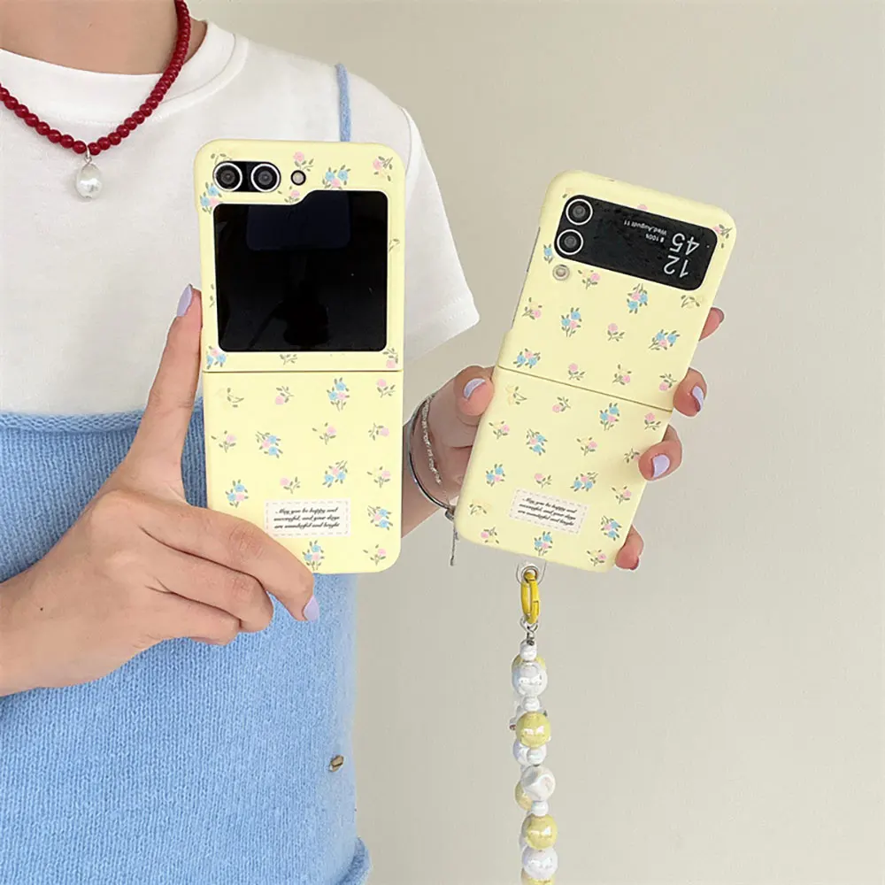 Laudtec Sjk704 Cute Flower Phone Case Fresh Yellow Lanyard Luxury Anti-Falling Hard Shell For Samsung Z Flip6 Flip5 Flip4 Flip3