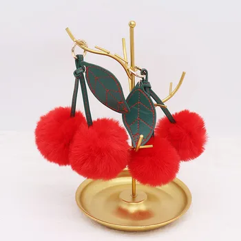 Mini Cherry Pom Pom Plush Keychain Soft Faux Rabbit Fur Fluffy Key Rings Bag Charm for Girls