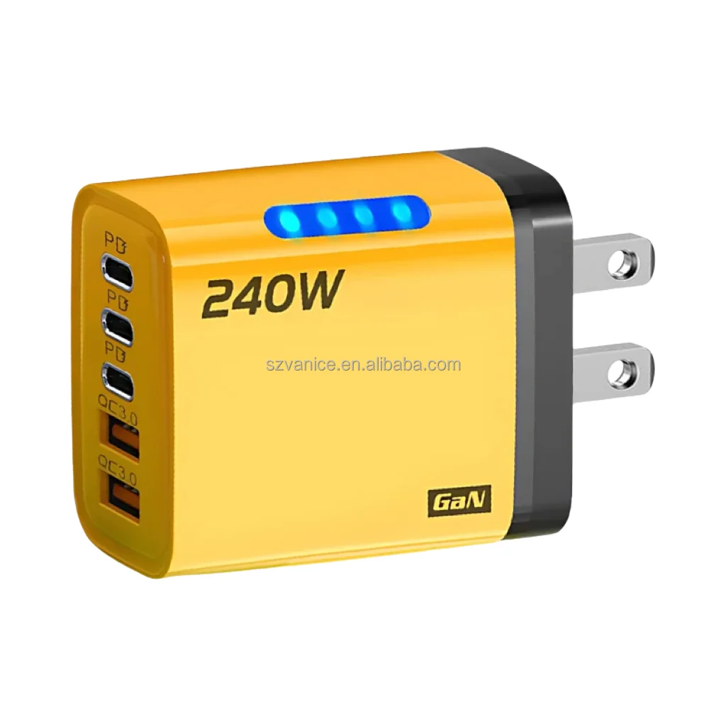 EU/US Plug 240W GaN Charger Adapter 5 Port PD USB Fast Charger 240W LED Light USB-C Power Adapter