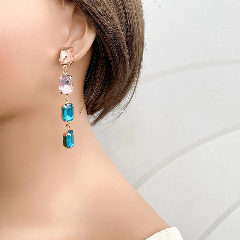 product new geometric long tassel glass crystal square earrings elegant rhinestone earrings for weddings perfect for womens ears-3