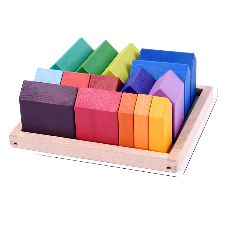 Rainbow Stacking Building Block Set 5pcs Solid Wood Montessori House & Tree Toys for Kids Blue Early Education Toys