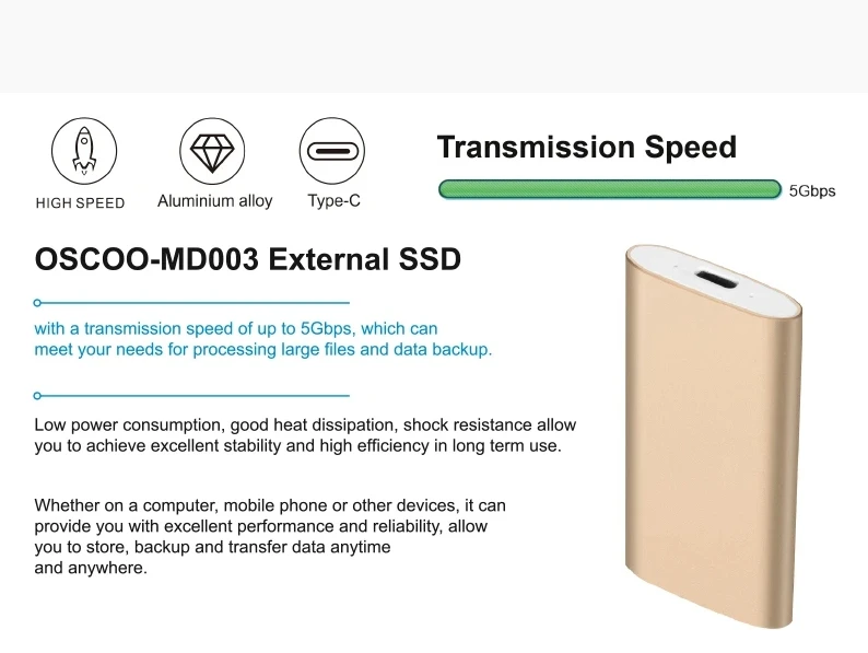 OSCOO MD003 5Gbps 1TB External Hard Drive 512GB 256GB Slim and High Quality Portable SSD