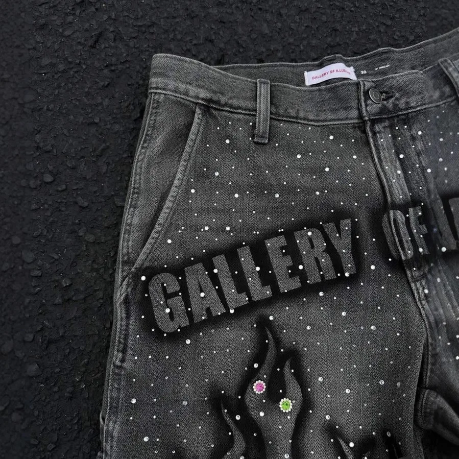 Y2K Summer High-street Fashion Men's Mid Cropped Boot Cut Denim Shorts Hand-painted Prints Rhinestone