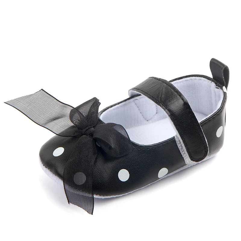Модный малыша туфли без каблуков для маленьких девочек туфли с закругленным носком, в горошек, с бантом, От 0 до 1 года 1 шт/мешок из полиуретана с открытыми порами 5-7 дней, партия из 5 пар хлопковые ткани на шнуровке CN китайский ПУ