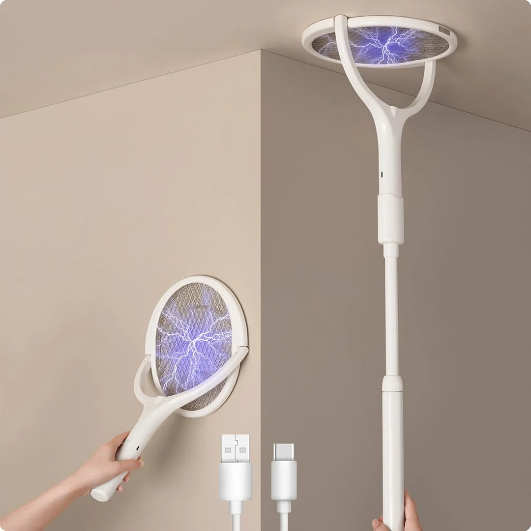Multi-Function Rotating Head Electric Fly Swatter Racket Rechargeable Bug Zapper Racket with a Telescopic Extension for Indoors