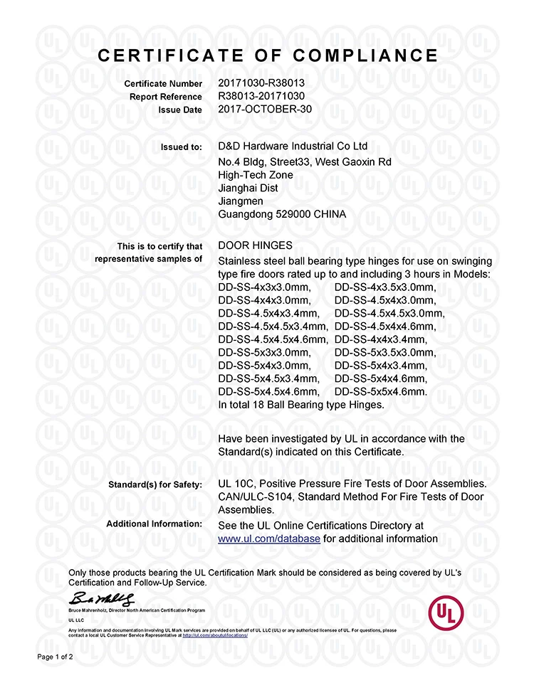 UL Listed Fire Rated Stainless Steel Ball Bearing Butt Metal Commercial Interior Door Hinge