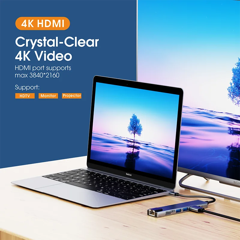 8 в 1 USB-концентратор типа C с Gigabit Ethernet 8-портовый USB-адаптер док-станции для ноутбуков MacBook Pro Air