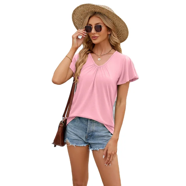 Spring And Summer Women's New Solid Color V-neck T-shirt Loose Urban Casual Fashion Short-sleeved T-shirt Tops lady