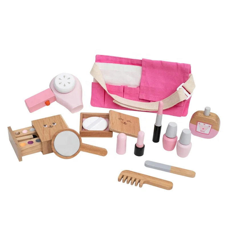 Wooden Beauty and Hairdresser Pretend play Set Children's Named Role Play Make Up Bag. Personalised Kids Pink  Vanity Case