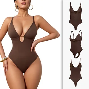 One-piece Tummy Control Ultra-Low V Neck Adjustable Spaghetti Strap Slimming Thong Panty Plus Size Shapewear Bodysuits for Girl