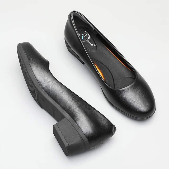 Hard-wearing Round Toe Sponge Lining Gentle Leather Black 3cm Low Thick Heel Office Work Shoes for Women Ladies Shoes