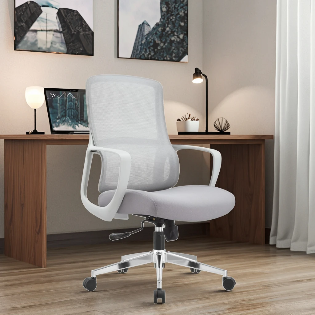 New Arrival JYG-Bell Gray White Rubber Ergonomic Office Chair Reinforced Engineering Plastic Frame Breathable Mesh Back 3D 5