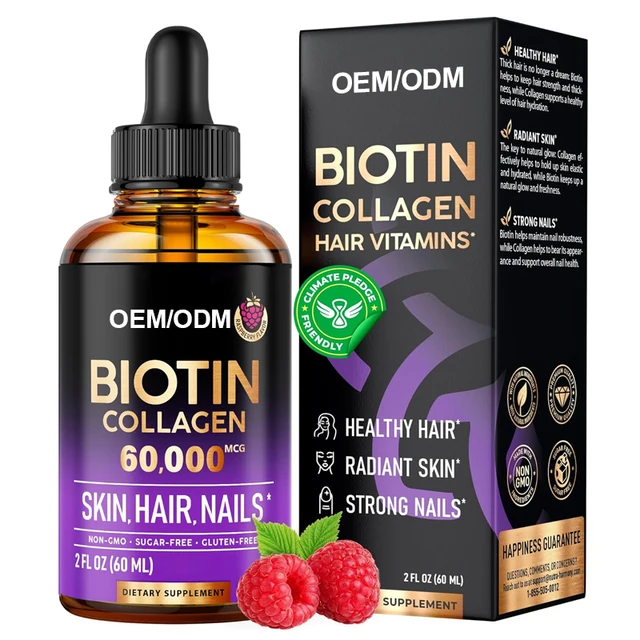 Private Label Premium Biotin Collagen Dietary Supplements Support Skin nail hair Growth Liquid Drops