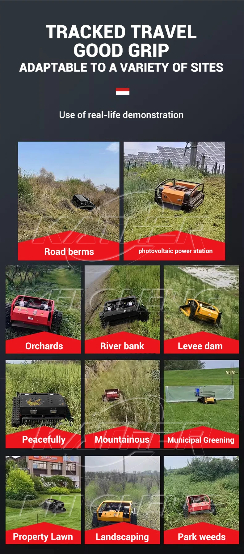 product ce epa approved all terrain gasoline crawler lawn mower remote control robot with agriculture rubber tracks for grass cutting-8