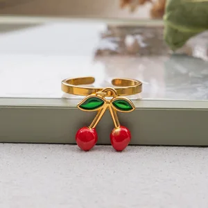 MW Women's Trendy Quiet Elegant 18K GoldPlated Stainless Steel Adjustable Open Ring Oil-Dropping Cherry Pendant Daily Wear