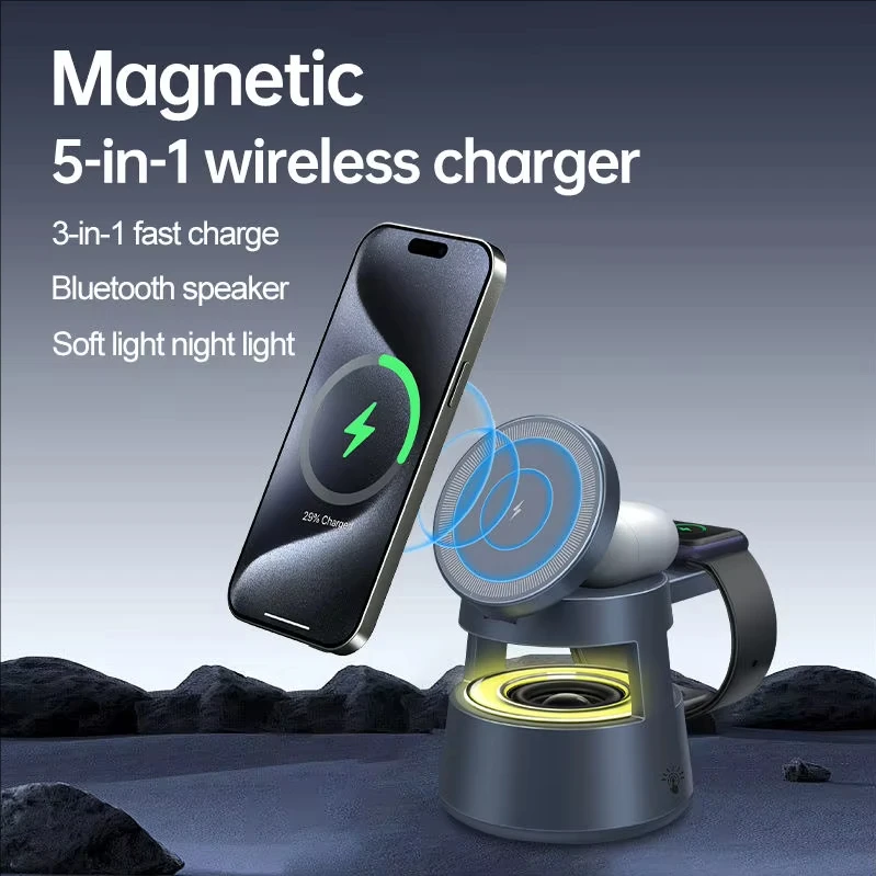 Newest 5 in 1 Wireless Fast Charger Stand with Speaker 3 in 1 Smart Light Desk Table Lamp Gift Night for Dorm Kids Adults
