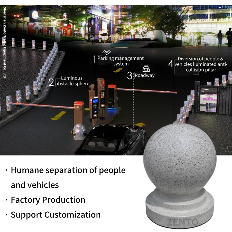 ZENTO Eco-Friendly 12V LED Lighting Solar-Luminous Anti-Collision Granite Stone Bollard Road Block Car Stop Traffic Barrier