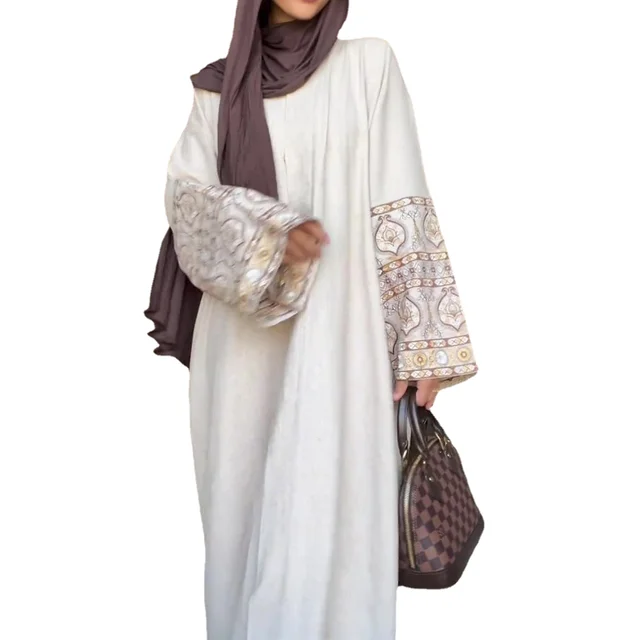 9165 Muslim abaya 2024 Autumn New Print Bohemian Style Bubble Sleeves Loose Cotton and Hemp Long Skirt Ramadan