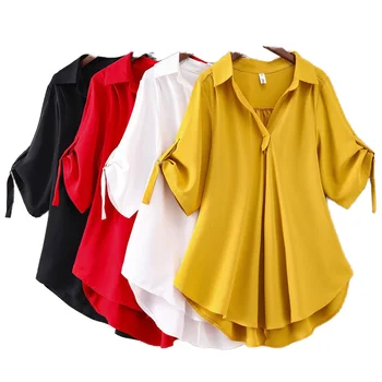 Women's Plus Size White Chiffon Blouse Summer Casual Solid Tops Hot Selling Half Sleeve Long Blouses XXXXL Size
