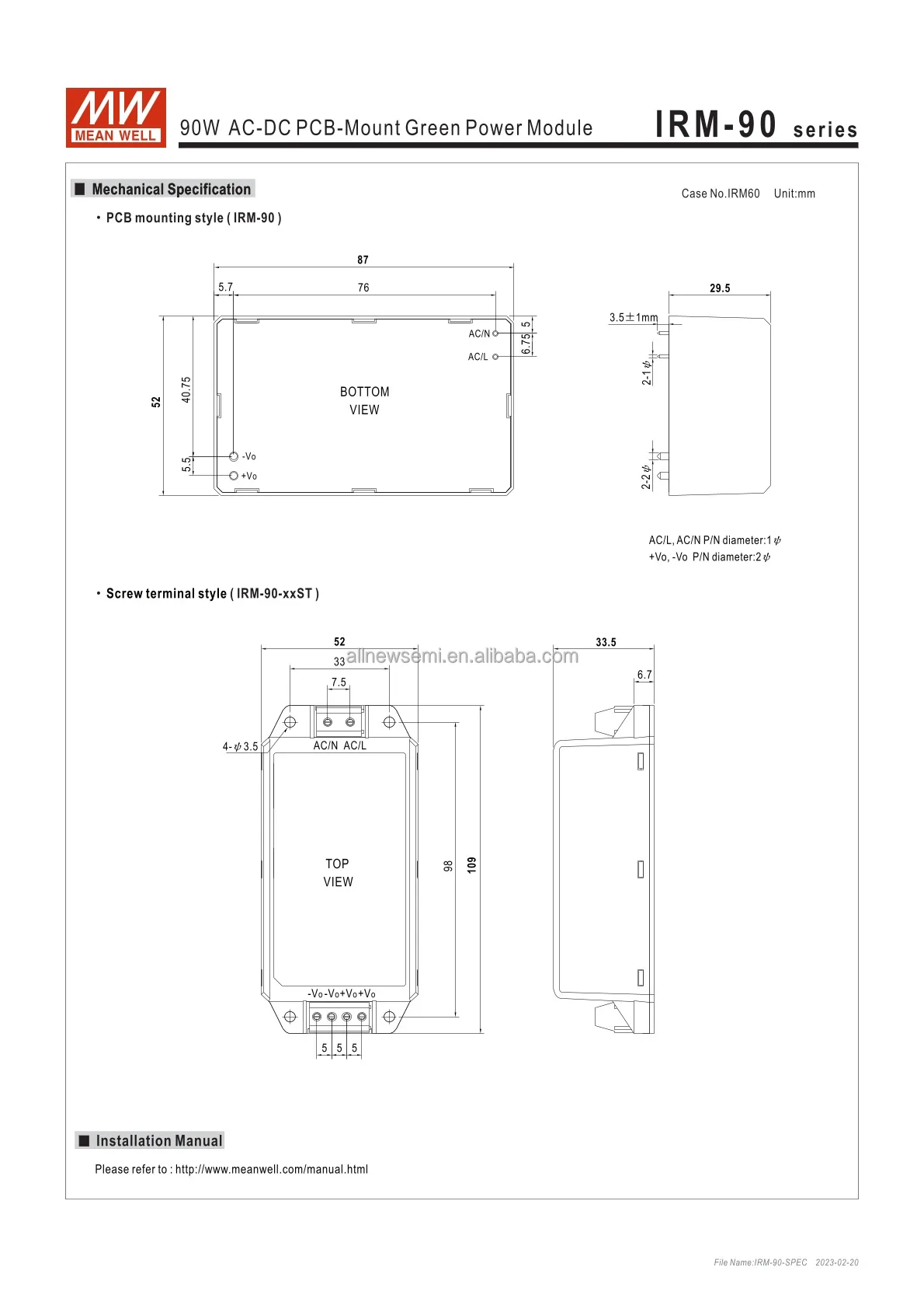 Hot sale Original IRM-90-48 Power Supply Board Mount AC/DC CONVERTER IRM-90 (90W) Enclosed 90 W 48V  Through Hole 4-DIP Module