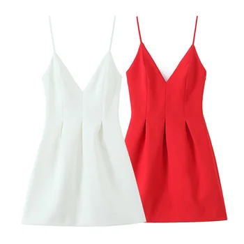 2025 Womens Stylish Spaghetti Strap Mini Dresses in Red and White with Deep V Necklines and Pleated Detailing