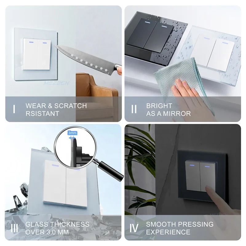 Two Gang One Way Three Way Light Switch With LED Indicator Luxury Design EU Glass Panel 250V 10A Wall Socket