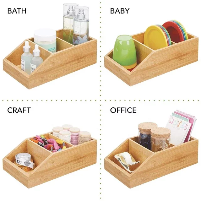 Bamboo Wood Compact Bathroom Storage Organizer Bin Box With 3 Divided
