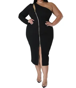 Women's Zipper Fashion Dress Design One Sleeved OEM Manufacturer Plus Size Midi Dresses Club Dress