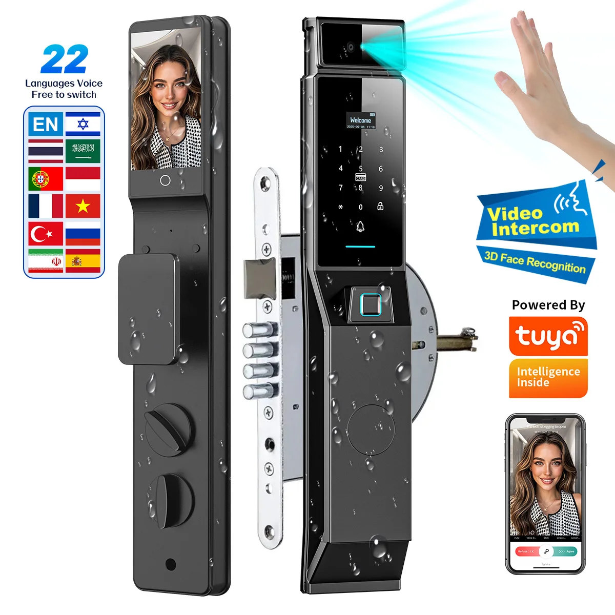 IP 66 Waterproof Cerradura Inteligente Tuya Face Recognition Smart Door Lock Palm Security Digital Lock for Israel 6068 Mortise R90