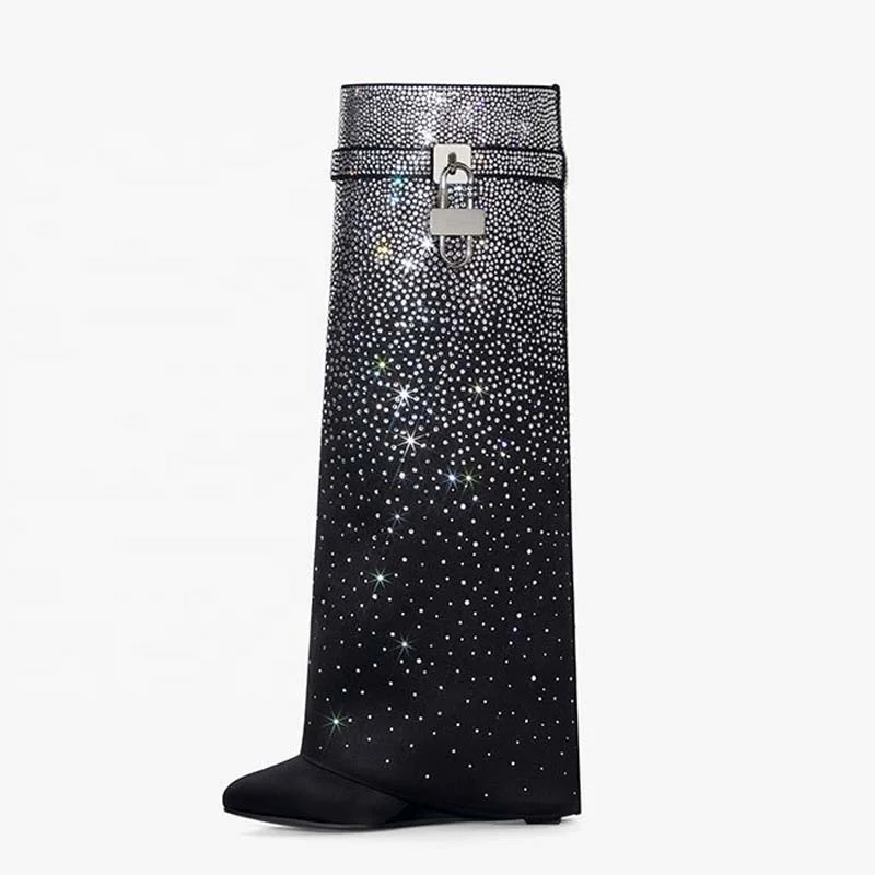 Lock Shark Wedge Heels Overlay Long Boots Knee High Booties Women Round Toe Bling Diamonds Pants Shoes for Lady