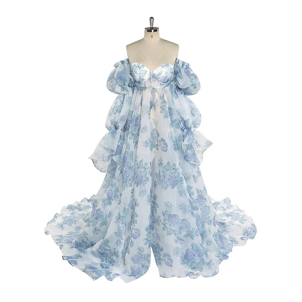 navy blue dress for baby girl Momyknows Blue Floral Ruched Off Shoulder A-line Puff Sleeve Sweet Going  Out Maternity Photoshoot Baby Shower Mini Dress
