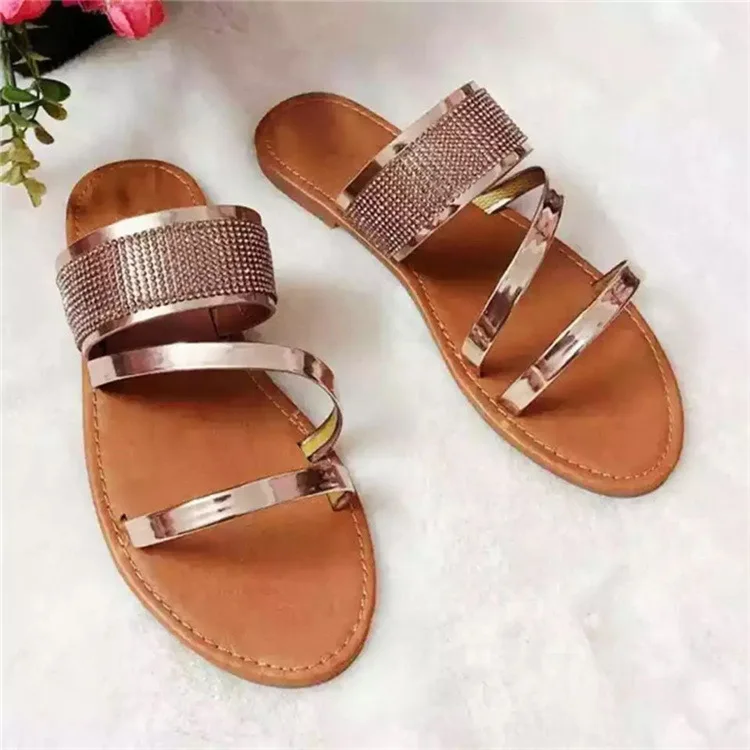 2024 luxury ladies outdoor beach sandals slippers fashion women's rhinestone straps flat slides slippers