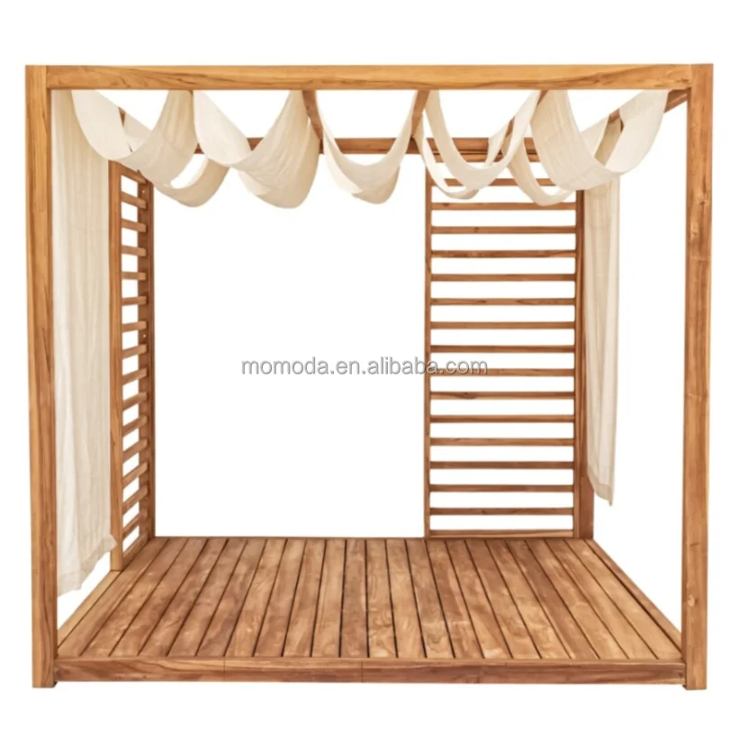 Luxury Modern Style Poolside square Chaise Sunbed Canopy Outdoor Teak Wood Daybed With Curtains