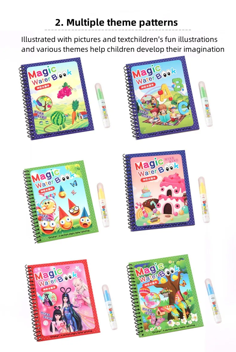 Libro Da Colorare Ad Acqua Per Bambini 18.5x15cm Con Pennello Magico – Riutilizzabile