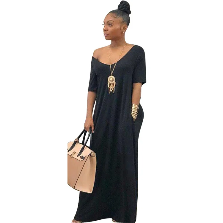 Free Sample Drop Shipping Sexy Fashion Solid Color V Neck Woman Solid Casual Loose Long Maxi Dress