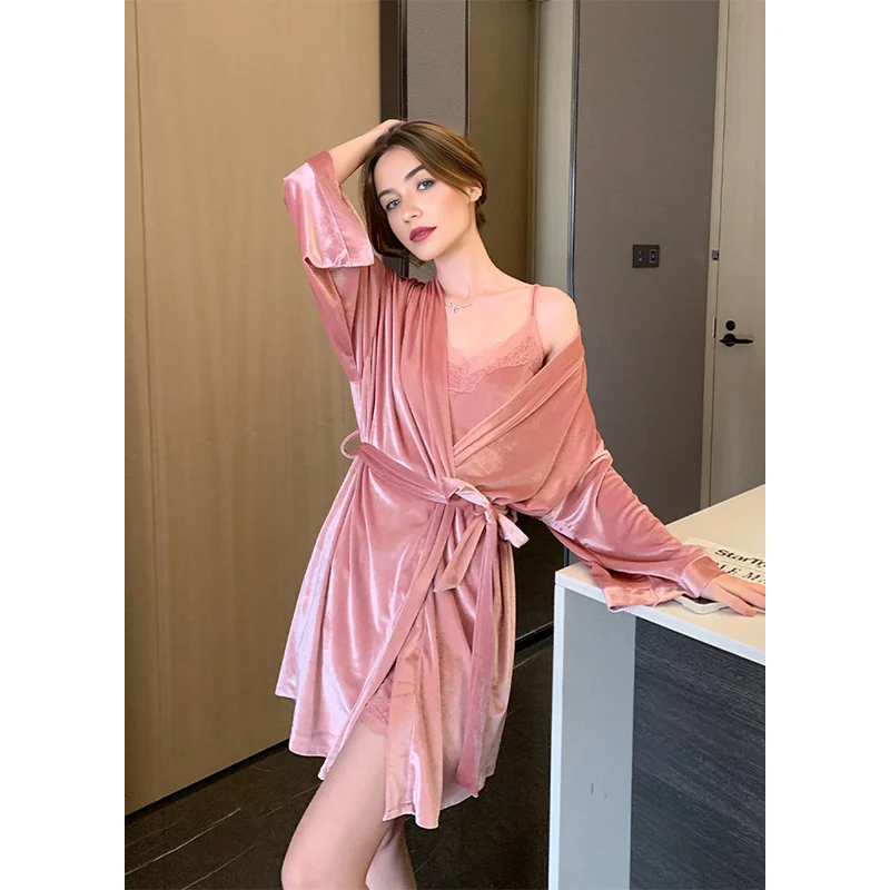 Luxury Robe Dress Women Skinfriendly 2pcs Solid Color Silk Robe