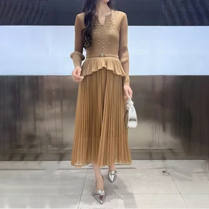 Wholesale Clothing Women's Fashion Dress Design Midi Casual Dress Long Sleeve Solid Color Dress
