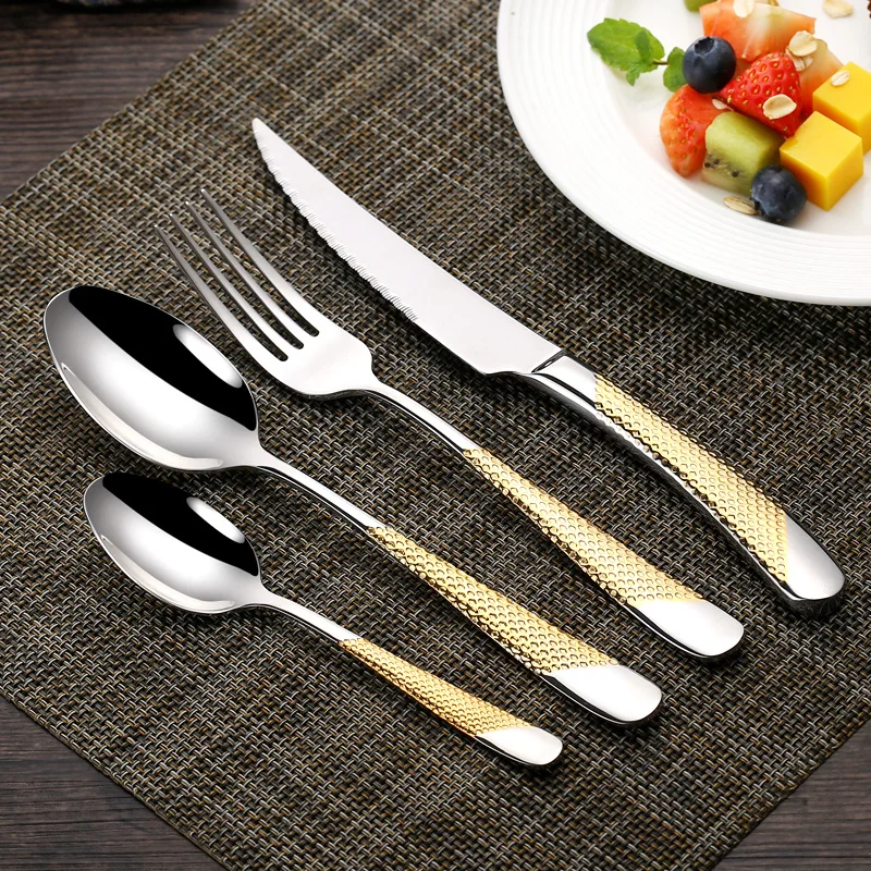 Modern Embossed Handle Knife Fork Spoon Silverware Luxury Flatware Stainless Steel Gold and Silver Cutlery Set for Restaurant
