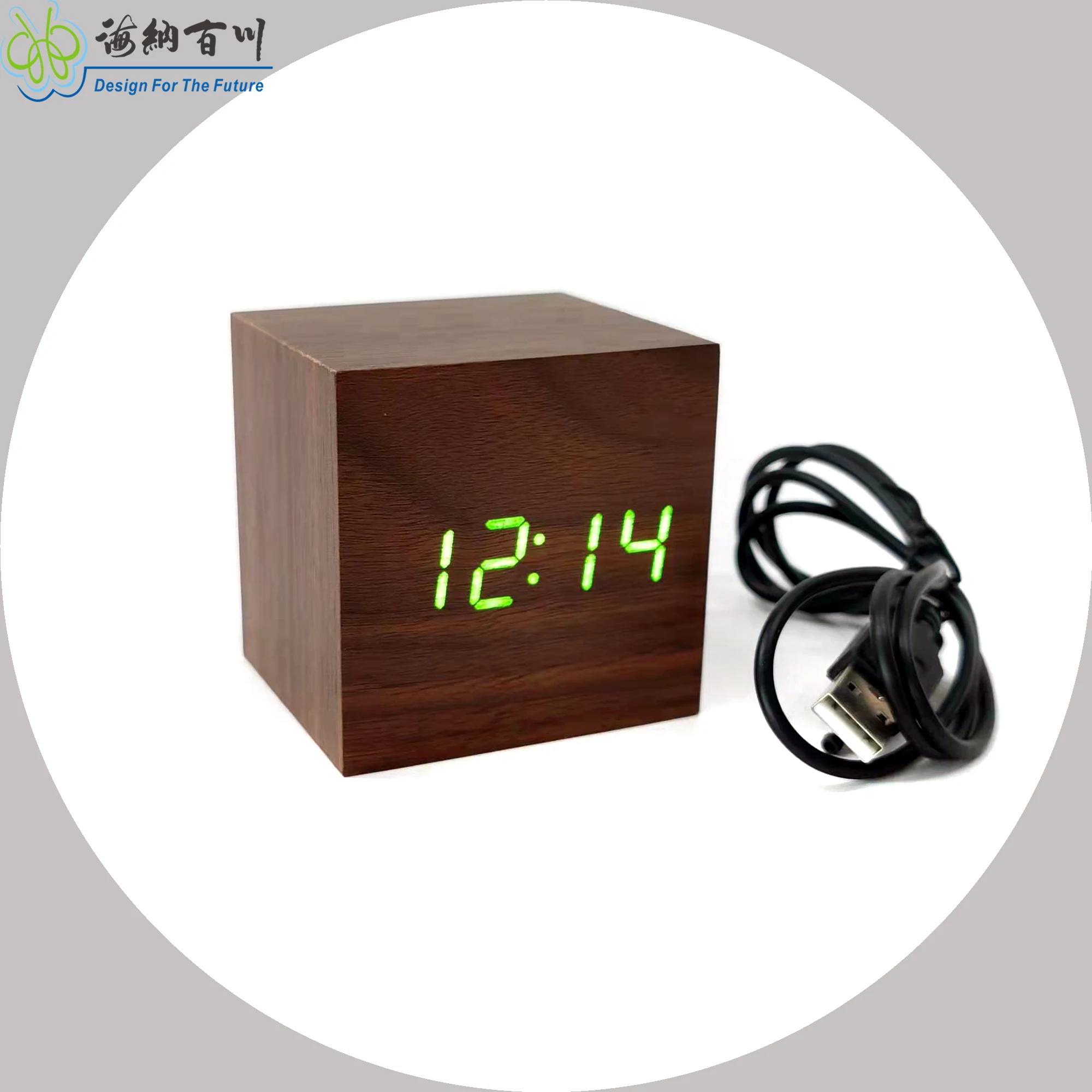 Minimalist Mini Cube Wood Alarm Clock Digital LED Light Date Temperature Smart Office Kids Bedroom Square Wooden Mini Office