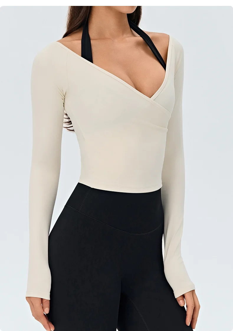 Women's Long Sleeve Yoga Cross Pleated V Neck Crop Shirt Four Way Stretch Quick Dry Pilates Workout Wear — detail