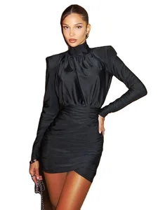 Autumn Winter New Women's Vintage High Street Party Breathable Solid Color Turtleneck Ruched High Waist Mini Polyester Dress