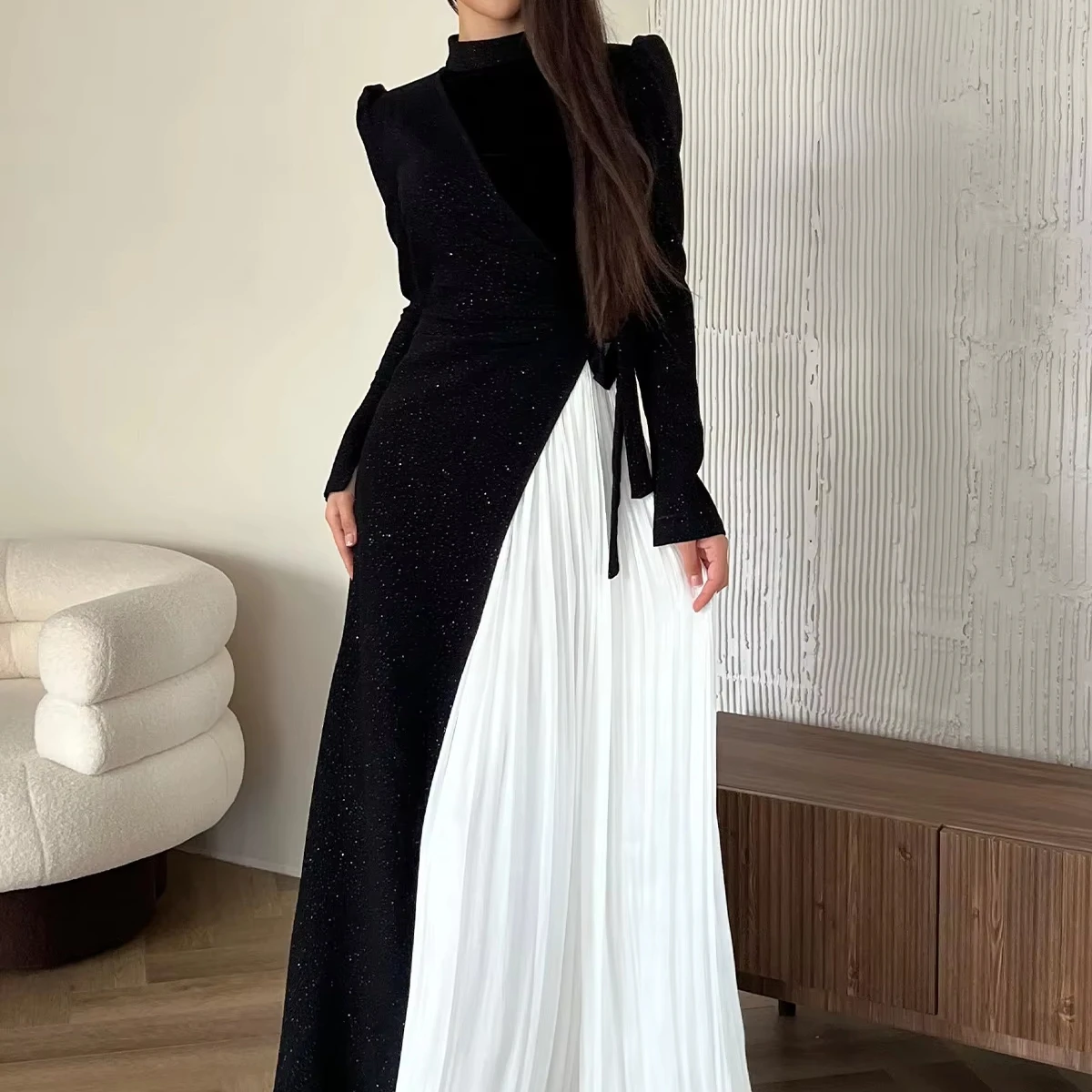 dinner dress black and white for muslimah Modest Muslim Womens Luxe Pleated Evening Formal Dress G761