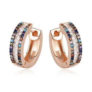Women's 925 Sterling Silver Huggie Hoop Earrings Multicolor Rose Dubai Gold Plated Trendy Design Zircon Main Stone Wedding Gift