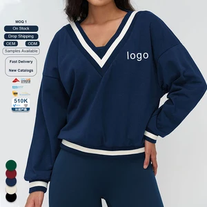 New Arrival Contrast V Neck Sweatshirt Women Loose Long Sleeve Breathable Outdoor Gym Yoga Daily Casual Top
