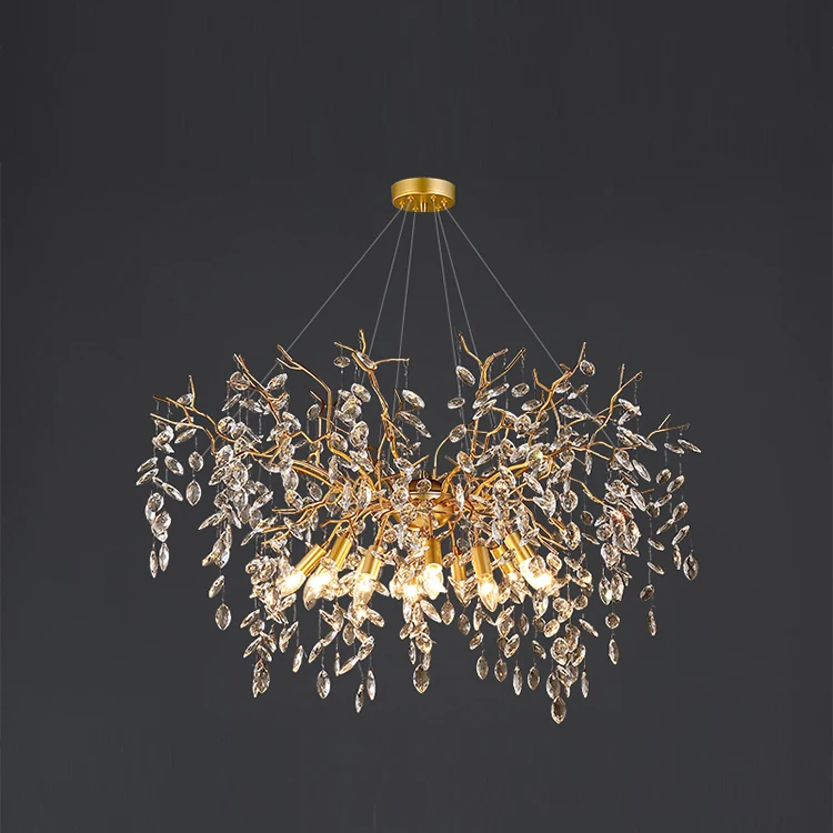 New Tree Branch Oval Crystal Design Decorative Hotel Restaurant Hanging Pendant Light Creative Aluminum Led Chandelier