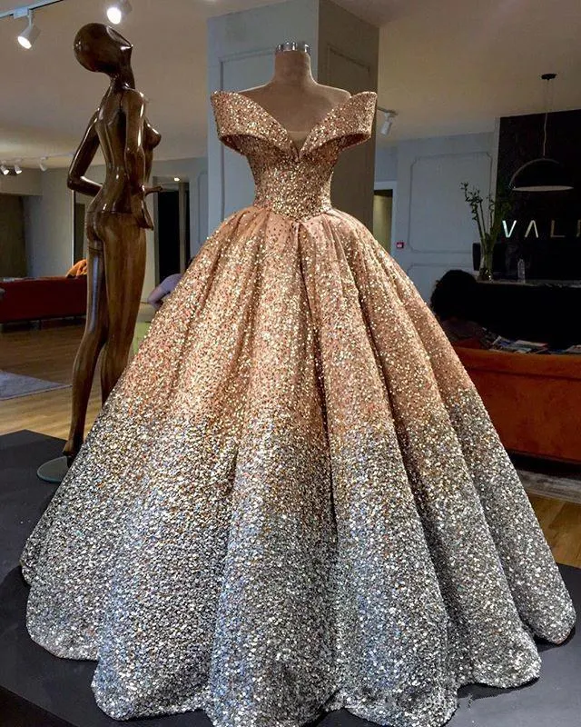 Sparkly Sequins Ball Gown Prom Dresses Princess Puffy Skirt Off Shoulder  Crystal Arabic Dubai Women Formal Evening Gowns Wear Sparkly Sequins Ball Gown Prom Dresses - Princess Style